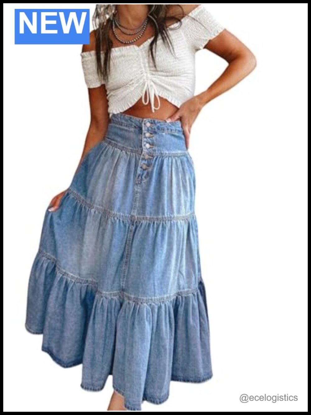 Women's Boho Frayed Tiered Denim Maxi Skirt Pleated Ruffle A Line Jean Skirt
